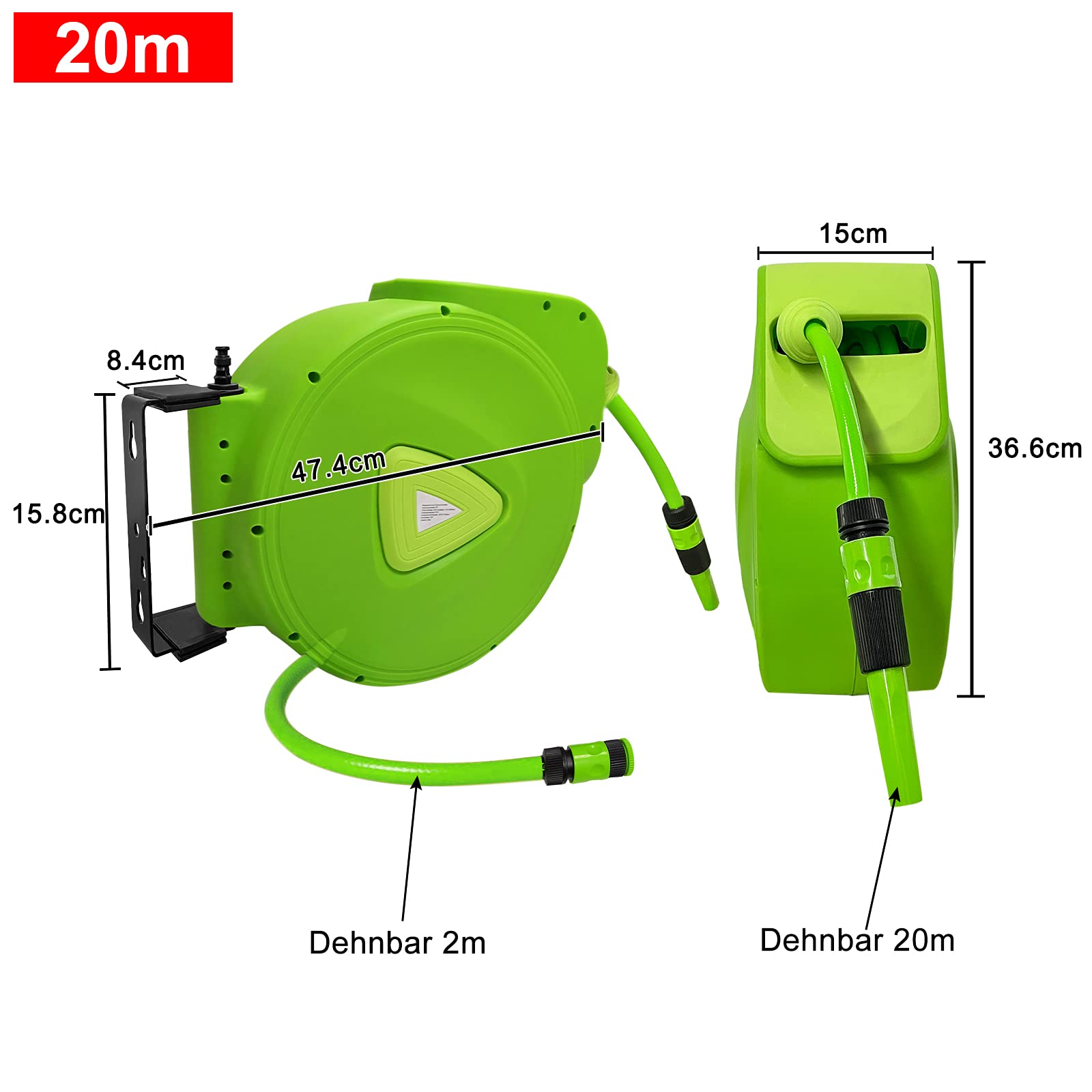 NAIZY Enrollador De Manguera De Agua De 20 M 3/4" Con Conexión Automática Giratoria De 180° Con Bola De Tope Y Acoplamiento Rápido, Verde