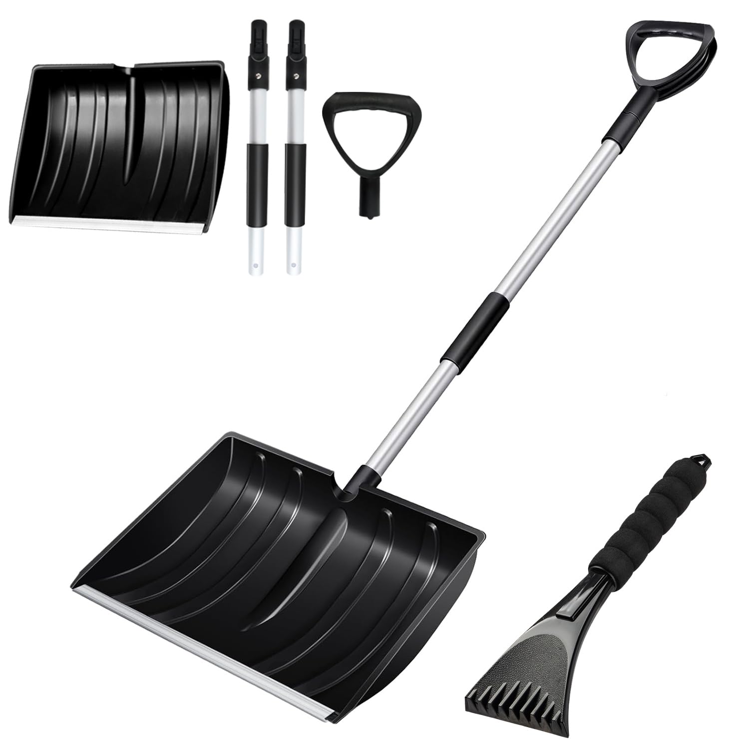 Pelle à neige de grande capacité avec poignée ergonomique - Outil de déneigement amovible léger et portable pour jardin, camping, extérieur, urgence, bonhomme de neige - Noir