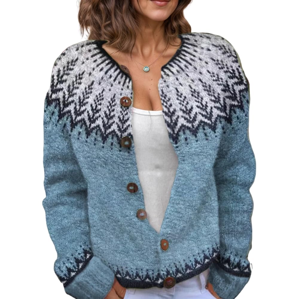 Akivide Womens Fair Isle Floral Print Knit Cardigan Sweater Fall Winter Vintage Button Down Colorful Open Front Jacket