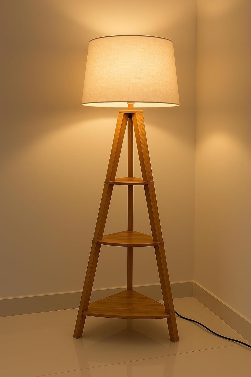 Wooden Tripod Floor Lamp with 3-Tier Shelves, White Fabric Shade, Natural Wood Finish, Modern Corner Standing Light for Living Room, Bedroom and Office-image-38