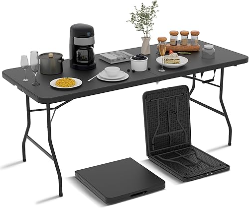 GINMAON Mesa plegable de 6 pies, mesas de fiesta portátiles para exterioresinteriores, mesa plegable resistente de 6 pies de largo, no necesita