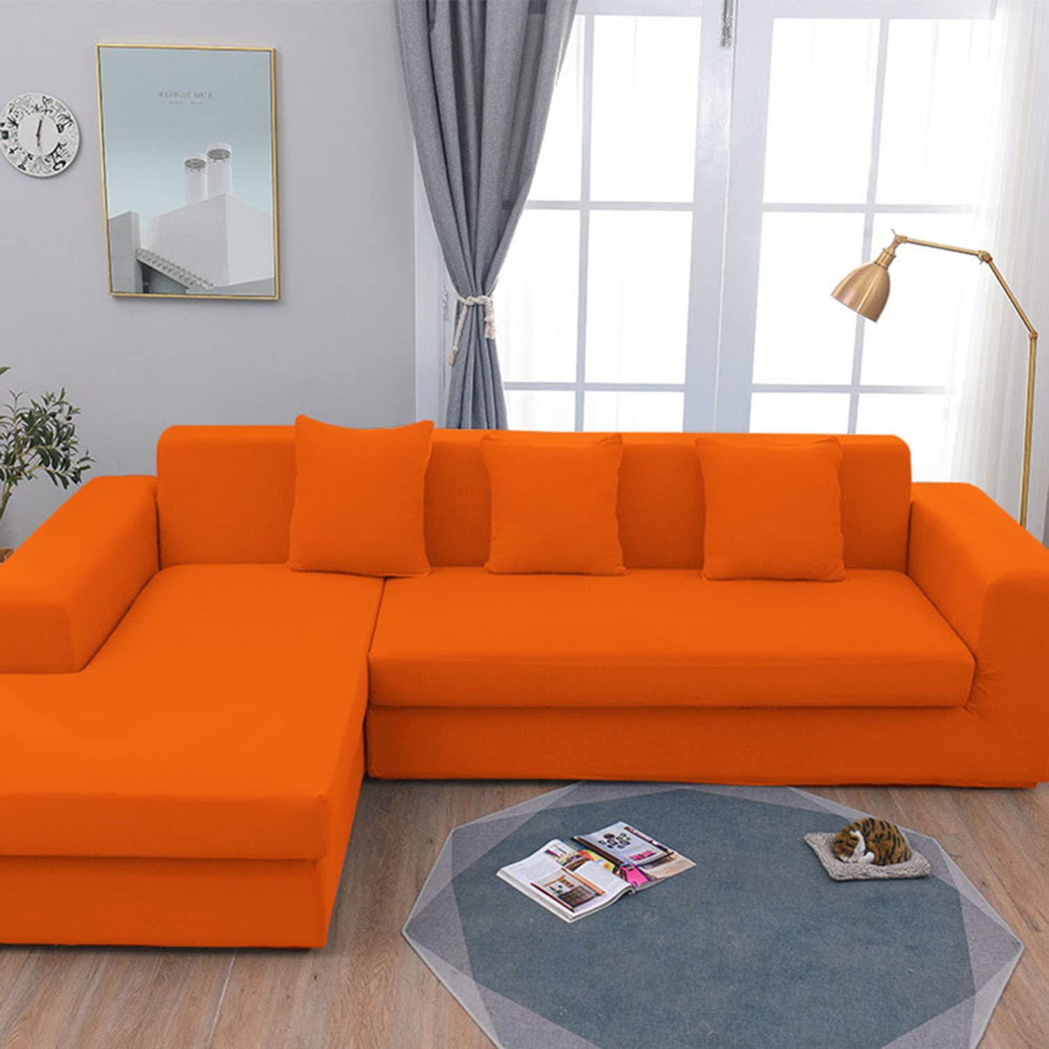 Housse de canapé d'angle en L 3+4 places orange extensible et antidérapante