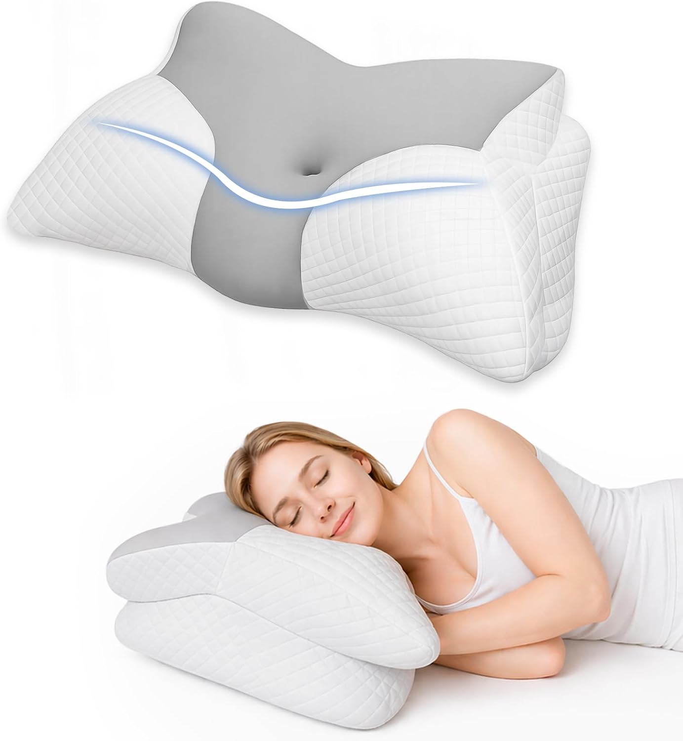 Ergonomic Memory Foam Pillows for Sleeping, Cervical Neck Pillow for Neck Pain Relief, Butterfly Contour Neck Pillow for Side Back Sleepers, Cooling Breathable Washable Cover