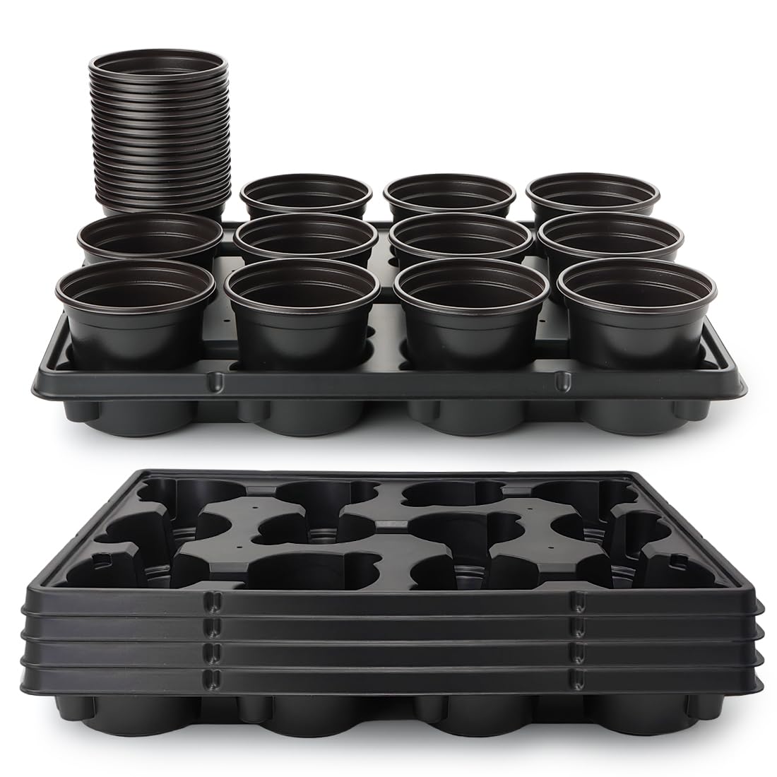 RooTrimmer 4 Inch Plastic Plant Pots 60 Pcs and 12 Cell Nursery Pots Trays 5 Pcs