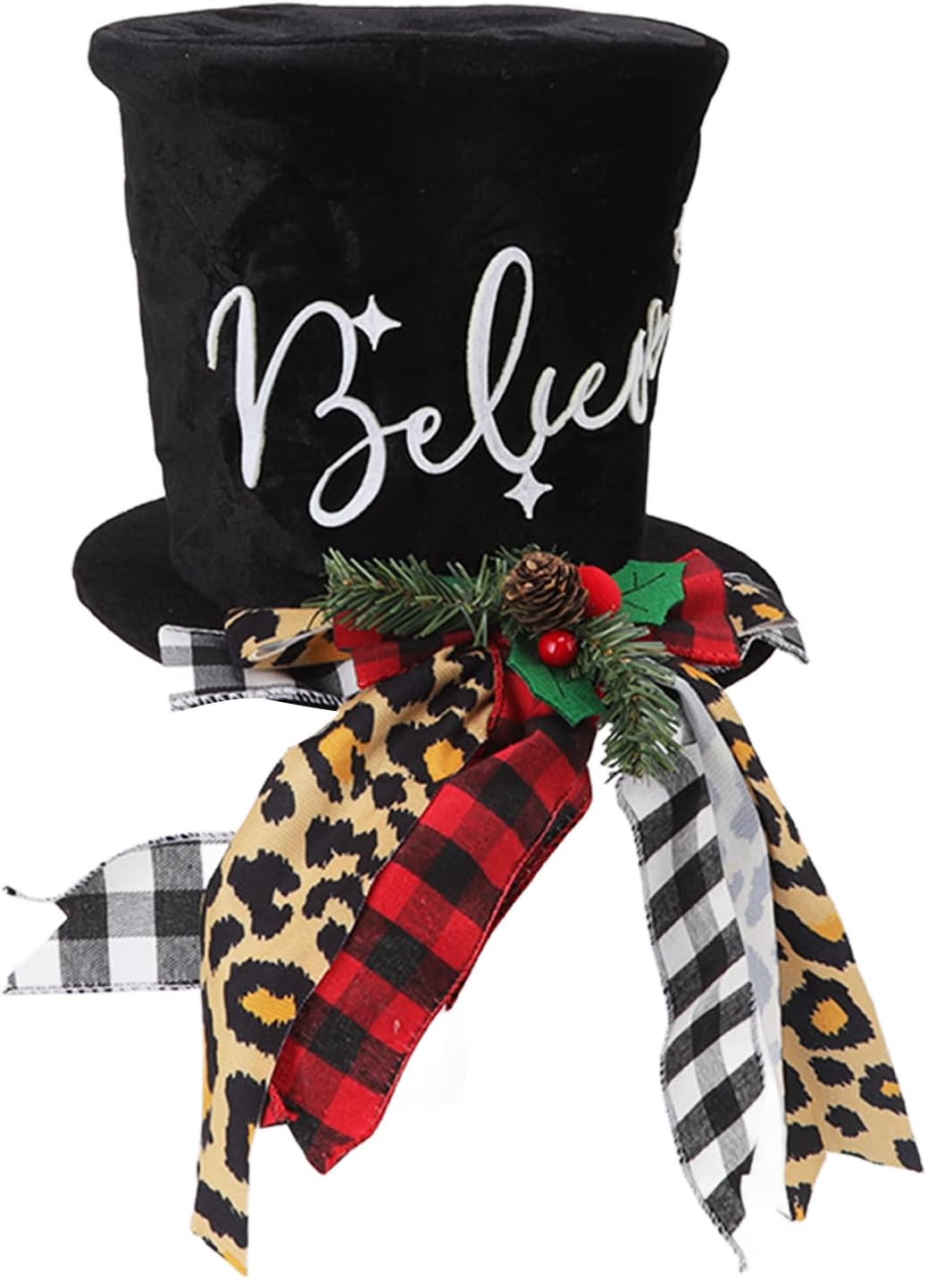 Christmas Tree Topper Hat, Upgrade Large Black Tree Topper Hat with Red Plaid Bow Christmas Tree Decorations Snowman Top Hat Xmas Tree Toppers for Holiday Home Decor Gift