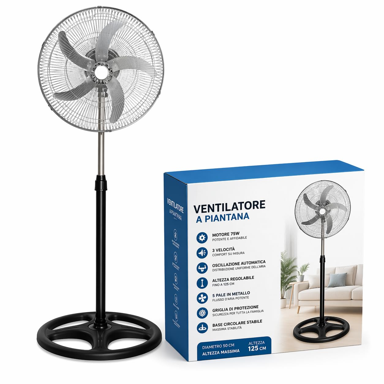 Ventilatore a Piantana da 50 cm con 5 Pale in Metallo e Motore 75W - Oscillazione Automatica - 3 Velocità - Altezza Regolabile 125 cm - Ventilatore SILENZIOSO con Griglia di Sicurezza per Casa/Ufficio