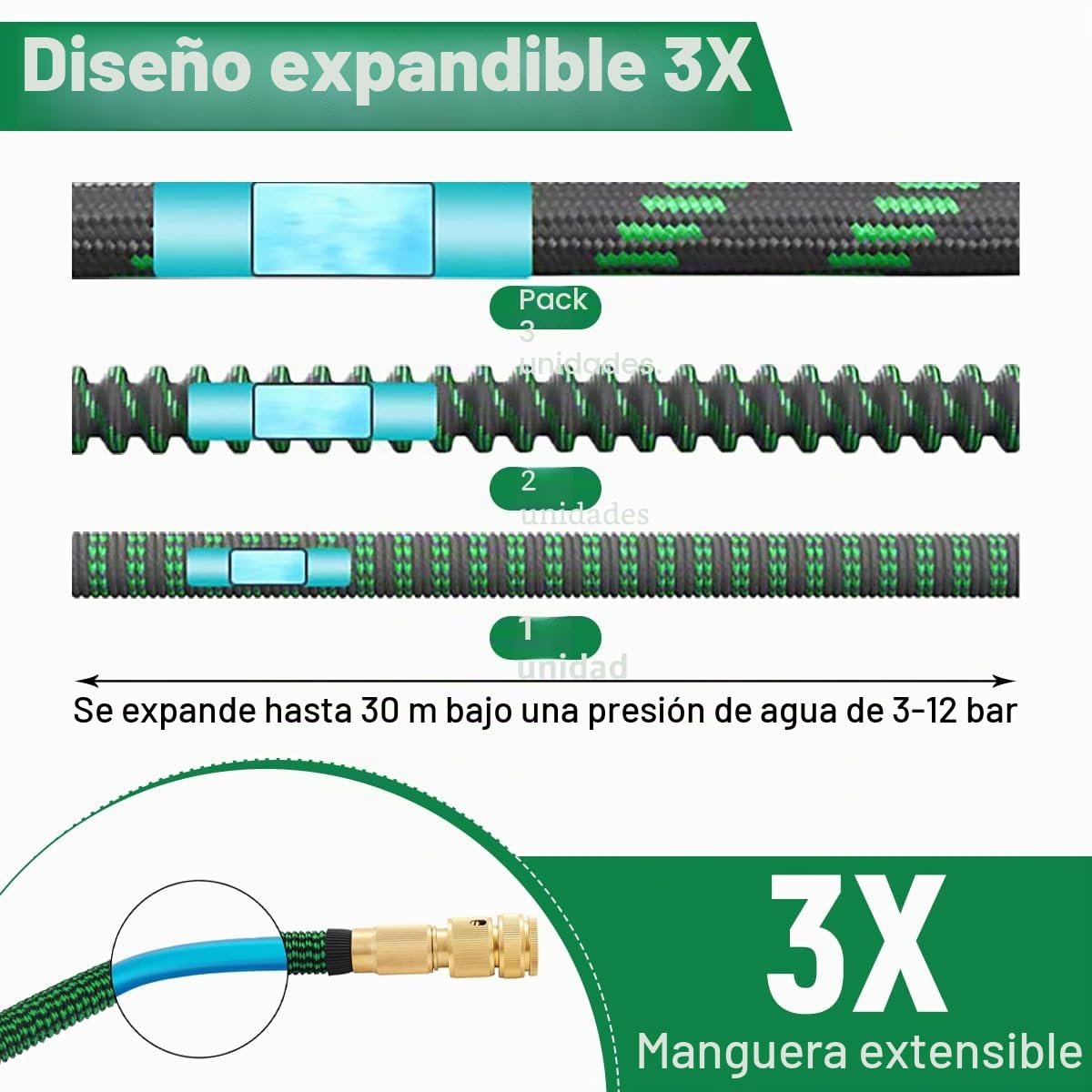 Manguera de jardín flexible de 30 m/100 pies verde, con pistola pulverizadora y conexiones de latón de 3/4" y 1/2", manguera de agua extensible y flexible con 10 funciones, 3x extensible, sin dobleces