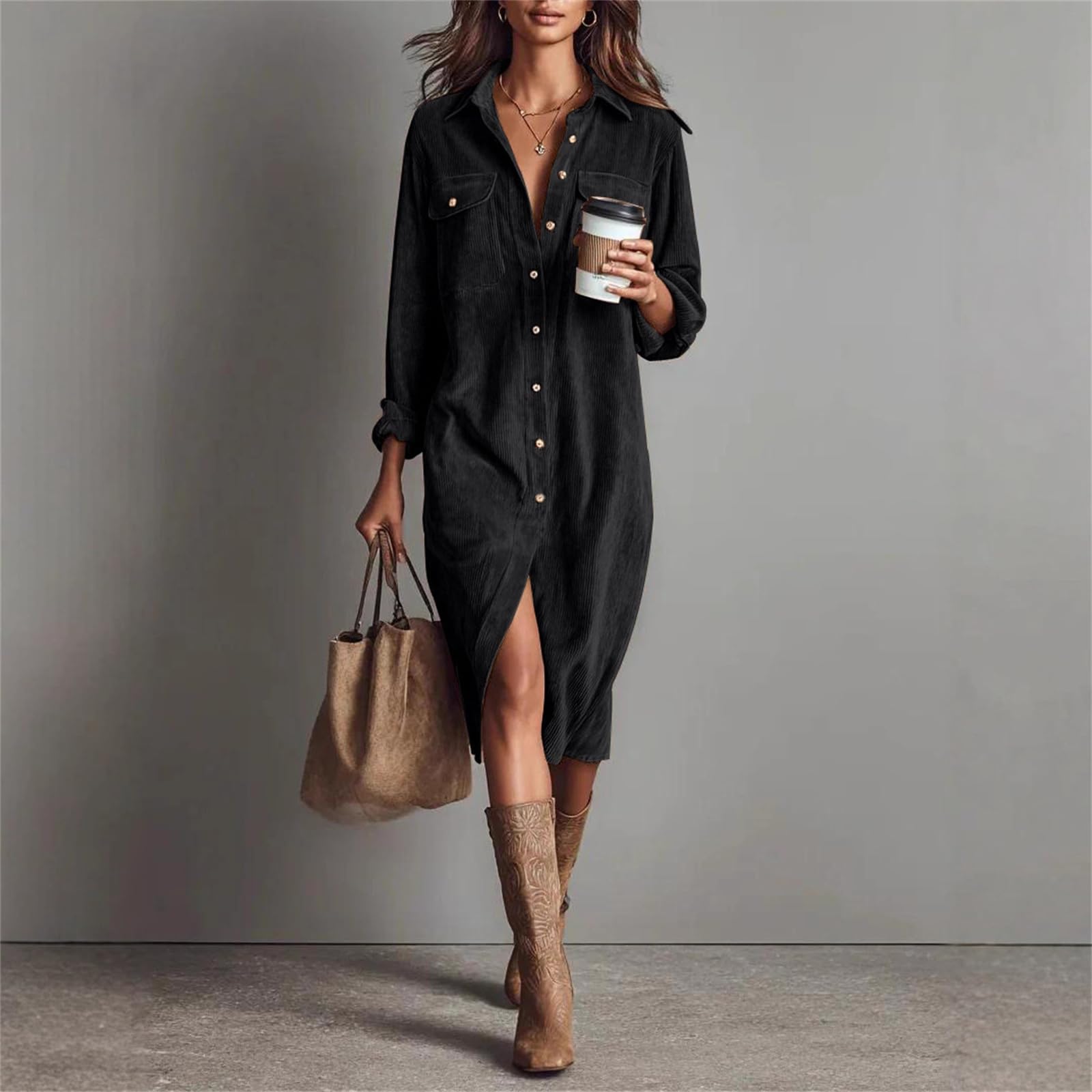 Vestido camisero de pana para mujer, estilo informal, con cuello de solapa, corte acampanado y plisado, marrón, XXL