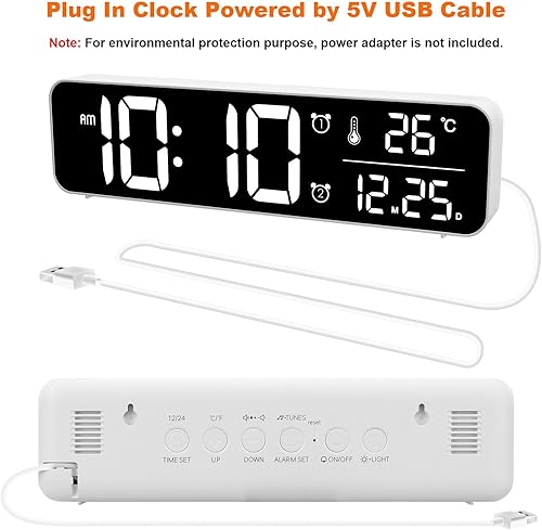 Miniatura 6 de ALANAS Reloj digital grande con pantalla de fechatemperatura, alarmas dobles con anillo de música clásica, atenuador de 5 niveles, relojes