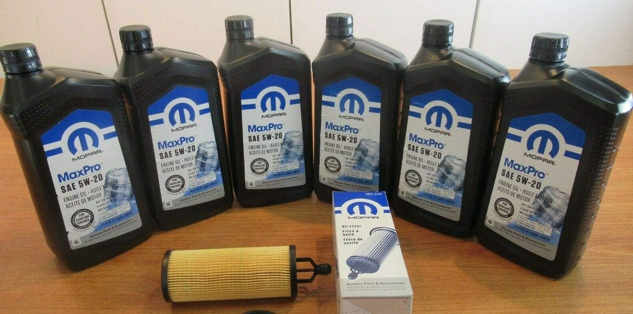 Mopar MaxPro 5W-20 Oil and Filter Kit components, including six quarts of engine oil and one oil filter.