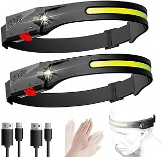 LED Headlamp Flashlight, 2 Pack Rechargeable Headlamp for Adults, 230° Wide Beam Headlight, Motion Sensor Head Lamp, 5 Modes Lightweight Waterproof Head Flashlight for Outdoor Running, Camping Hiking