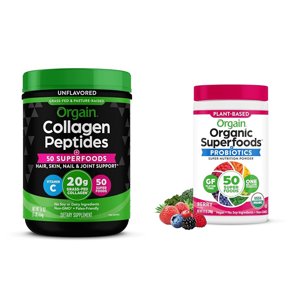 Orgain Hydrolyzed Collagen + Superfoods Powder and Organic Greens Superfoods Powder - 1lb and 0.62lb 20 Servings (Pack of 1) Collagen Peptides + Powder, Berry -