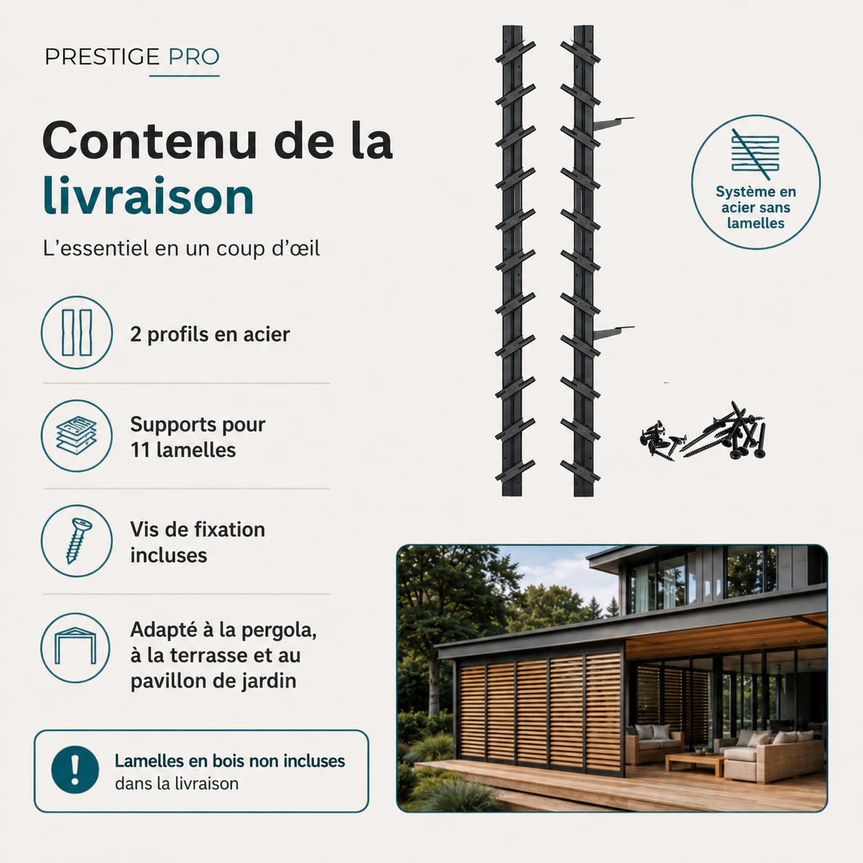 Prestige Ostaszewska ShutterPRO - système de supports en acier galvanisé pour 11 lames orientables | 100 cm | Anthracite | Kit sans lames pour brise-vue de terrasse, pergola et balcon