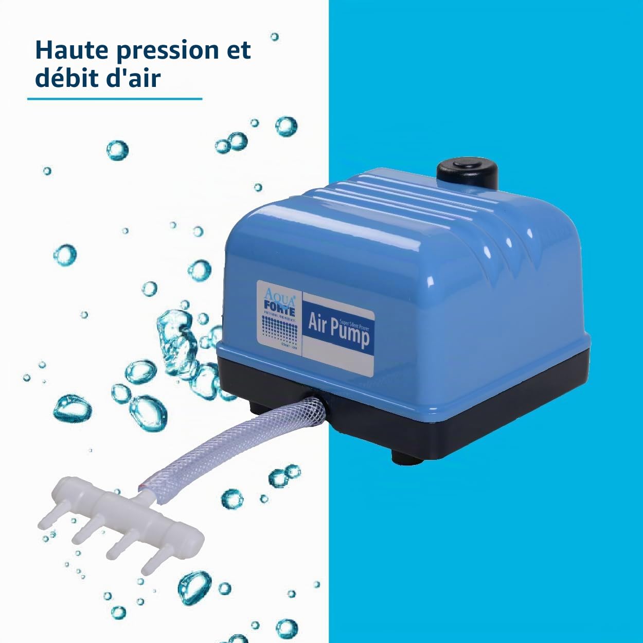 Pompe à Air Aquaforte Hi-Flow V-20, Boîtier en Aluminium, Silencieuse et Puissante, Puissance 15 Watts, Capacité à 2 mètres 3 Litres par minute, Capacité maximale Du Bassin 12 m3, Non Réglable
