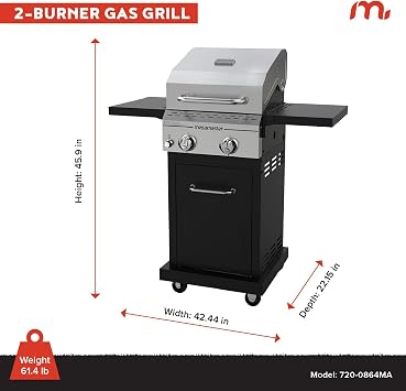 Megamaster Deluxe 2 Burner Gas Grill, Foldable Shelves with Warming Rack | Offers 28000 BTU, Built-In Thermometer, Electronic Ignition, 418 Sq In Cooking Space, Stainless Steel Lid, Cast Iron Grates