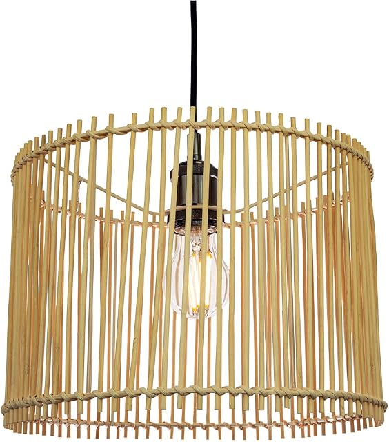 Happy Homewares Contemporary Drum Style Light Brown Rattan Wicker Ceiling Pendant Lamp Shade | 31cm Diameter | 60w Maximum