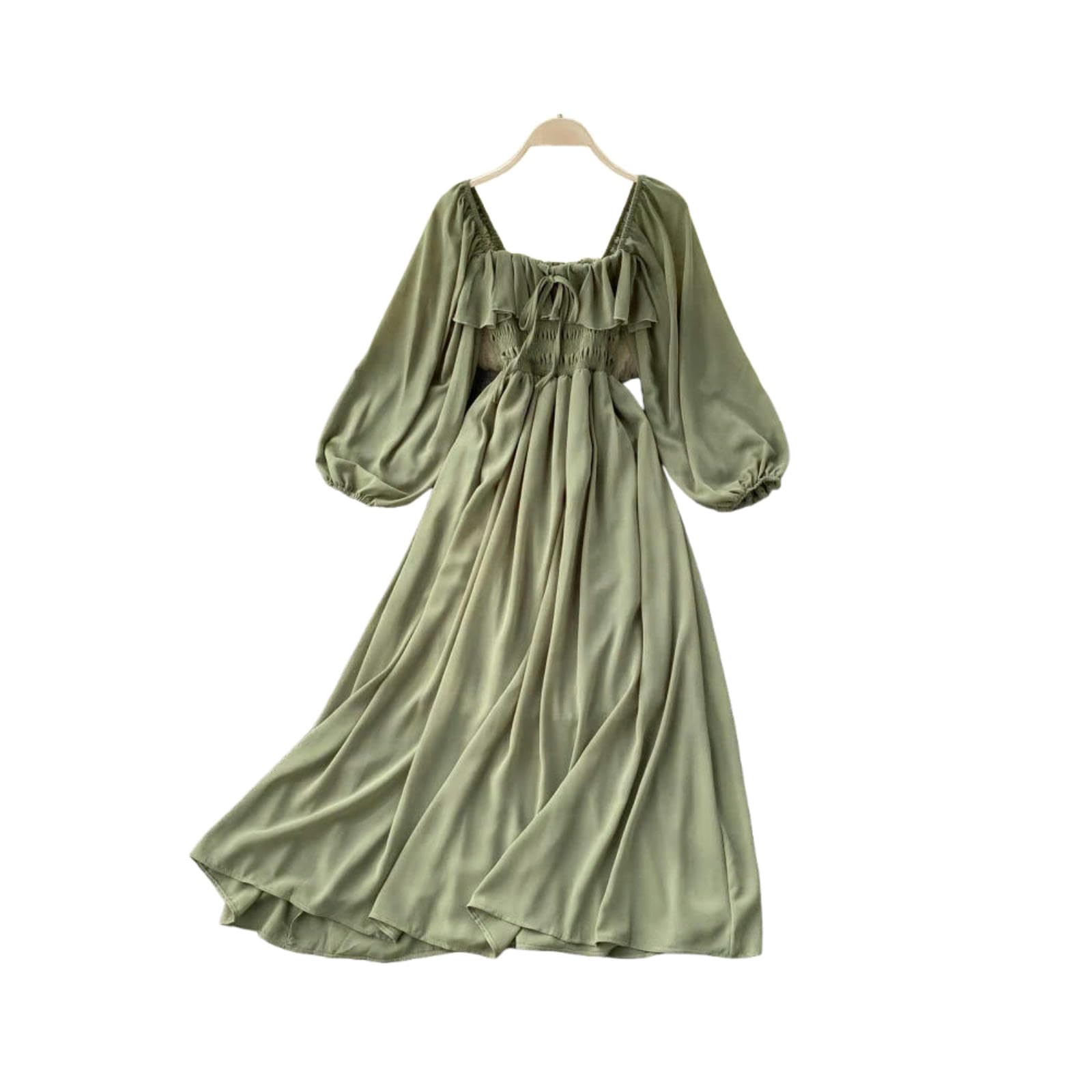 Vestiti a Maniche Lunghe Eleganti Abiti da Colletto Quadrata Donne Solid Chiffon Sfumo 2025 Seach Party Vintage Ruffle Vestidos Y2k