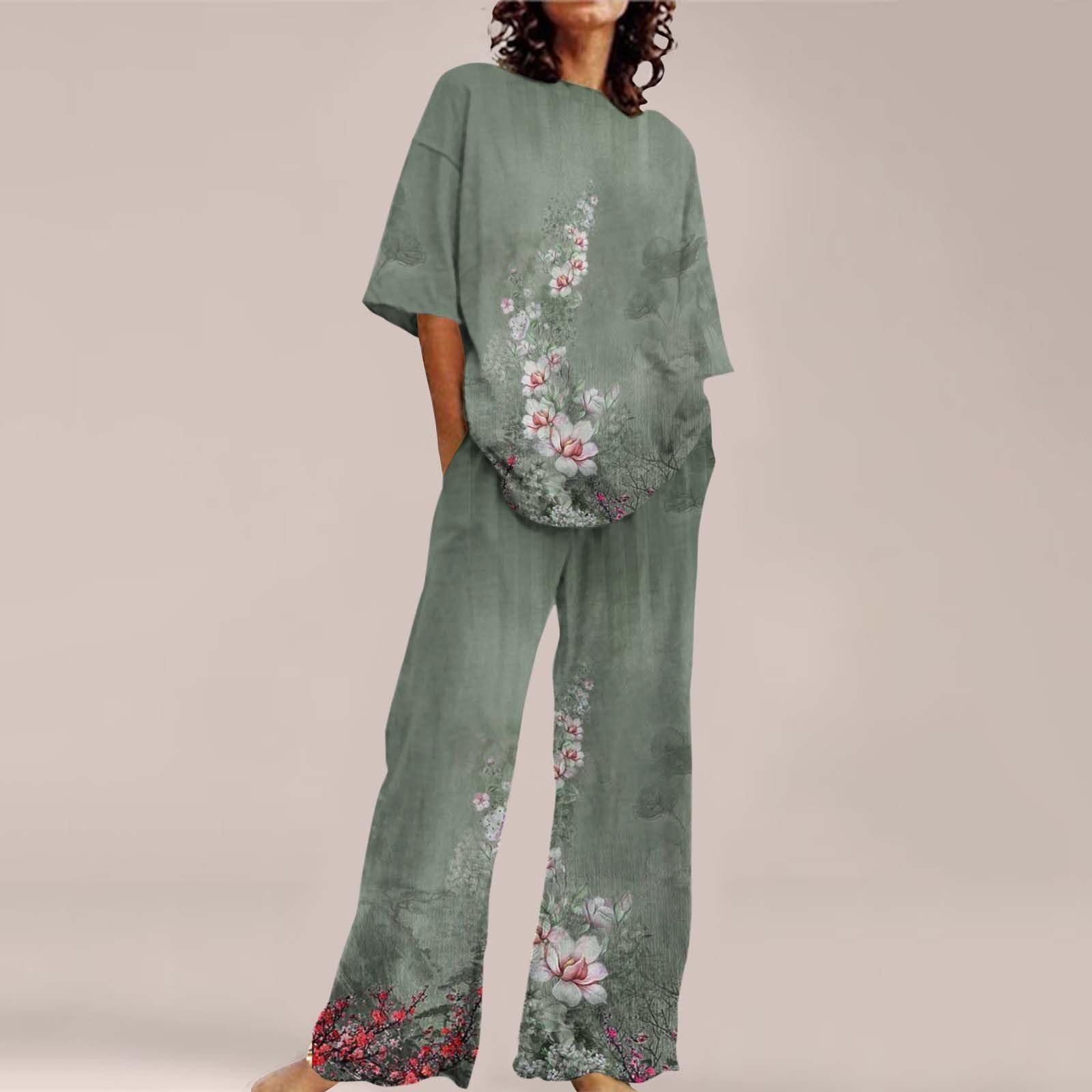 Pyjama long pour femme - Grandes tailles - Haut et pantalon de pyjama | Ensemble de nuit 2 pièces imprimé floral pour femme, manches mi-longues, col rond, haut et pantalon pour nuit et loisirs