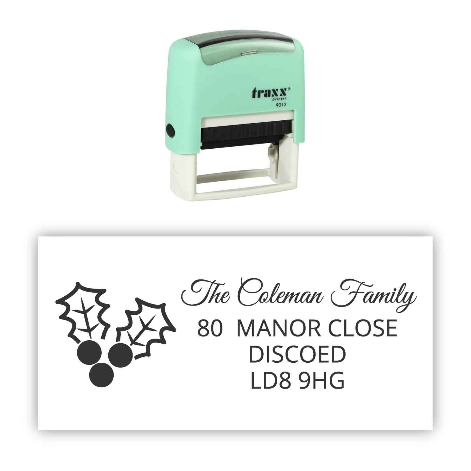 Stamp Design 4U Black Traxx 9012 Personalised Christmas Self Inking Rubber Stamp - Holly With 4 Lines Of Custom Text In Ink