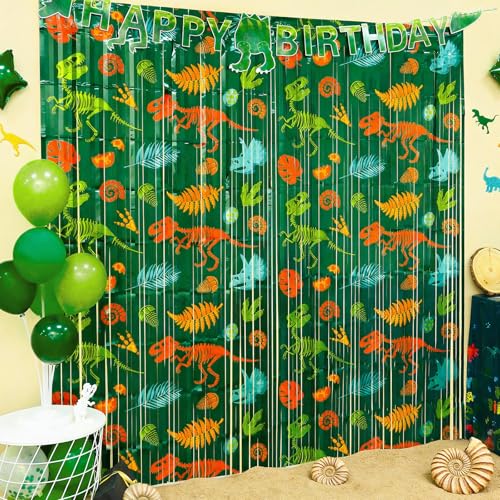 Menstarsi Dinosaur Birthday Decorations, 2 Pack Dinosaur Party Decorations Pattern Foil Fringe Curtains, Photo Booth Prop, Photo Backdrop, Streamers for Boys Kids Jurassic Jungle Dino Birthday Decor