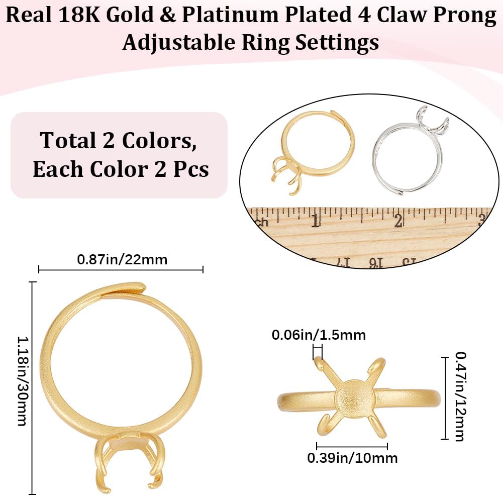 Beebeecraft 4Pcs 4 Claw Prong Ring Settings 18K Gold & Platinum Plated Adjustable Blanks Finger Ring Bases Components for Jewelry Making