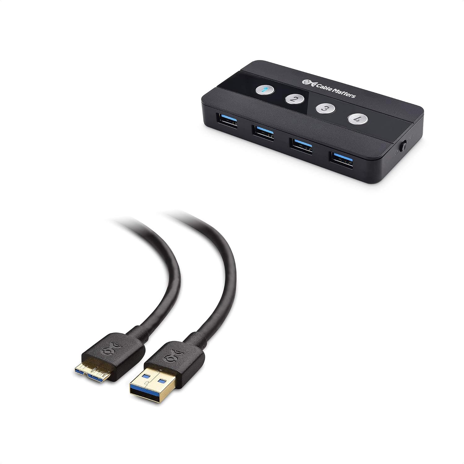 Cable Matters 4 Port USB 3.0 Switch Hub USB Sharing Switch for 4 Computers and USB Peripherals - Button or Wireless Remote Control Swapping & Micro USB 3.0 Cable