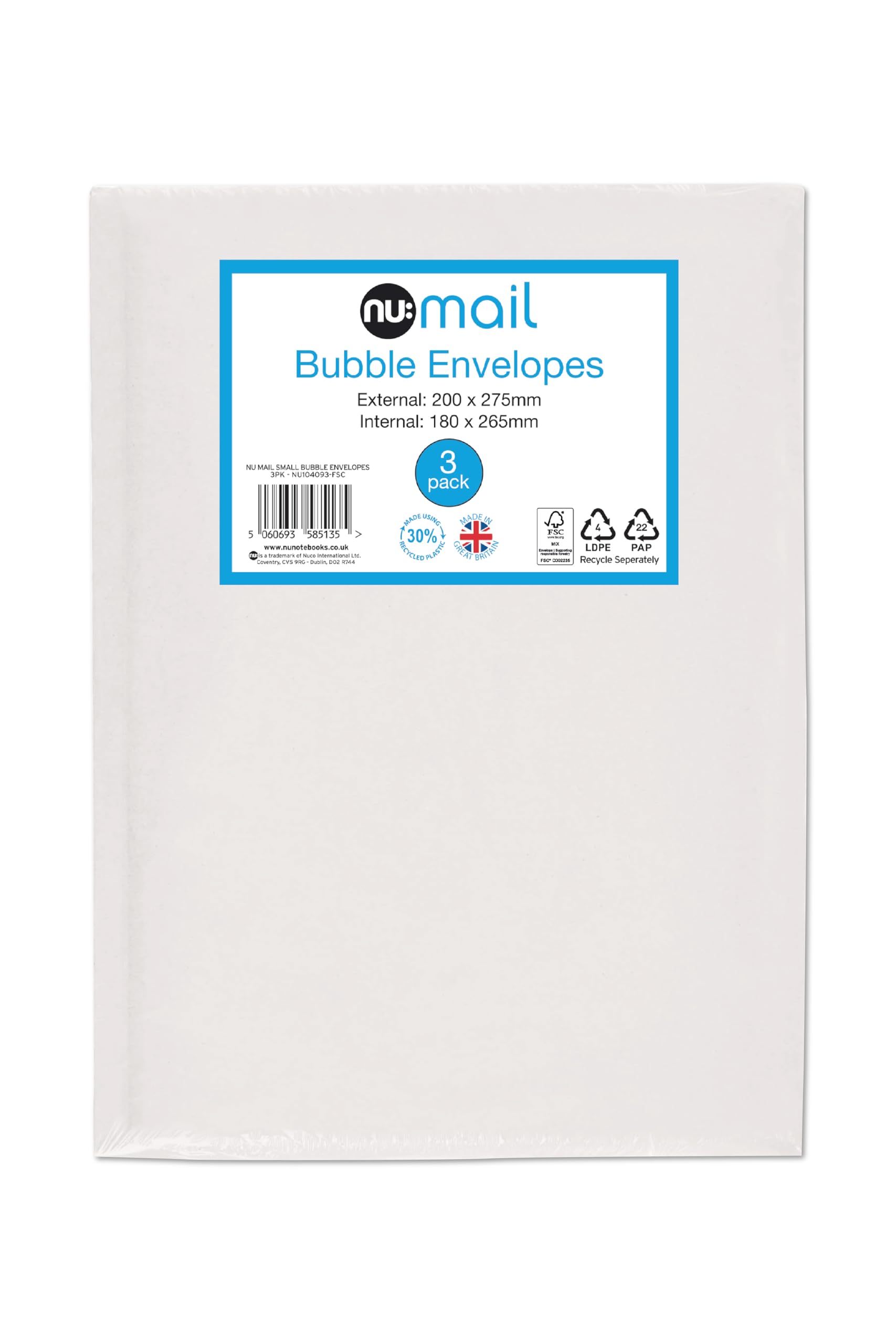 nu: Mail Padded Bubble Envelope Small | 3 Pack | Protective Packaging | Eco-Friendly | Superior Cushioning for Shipping & Moving