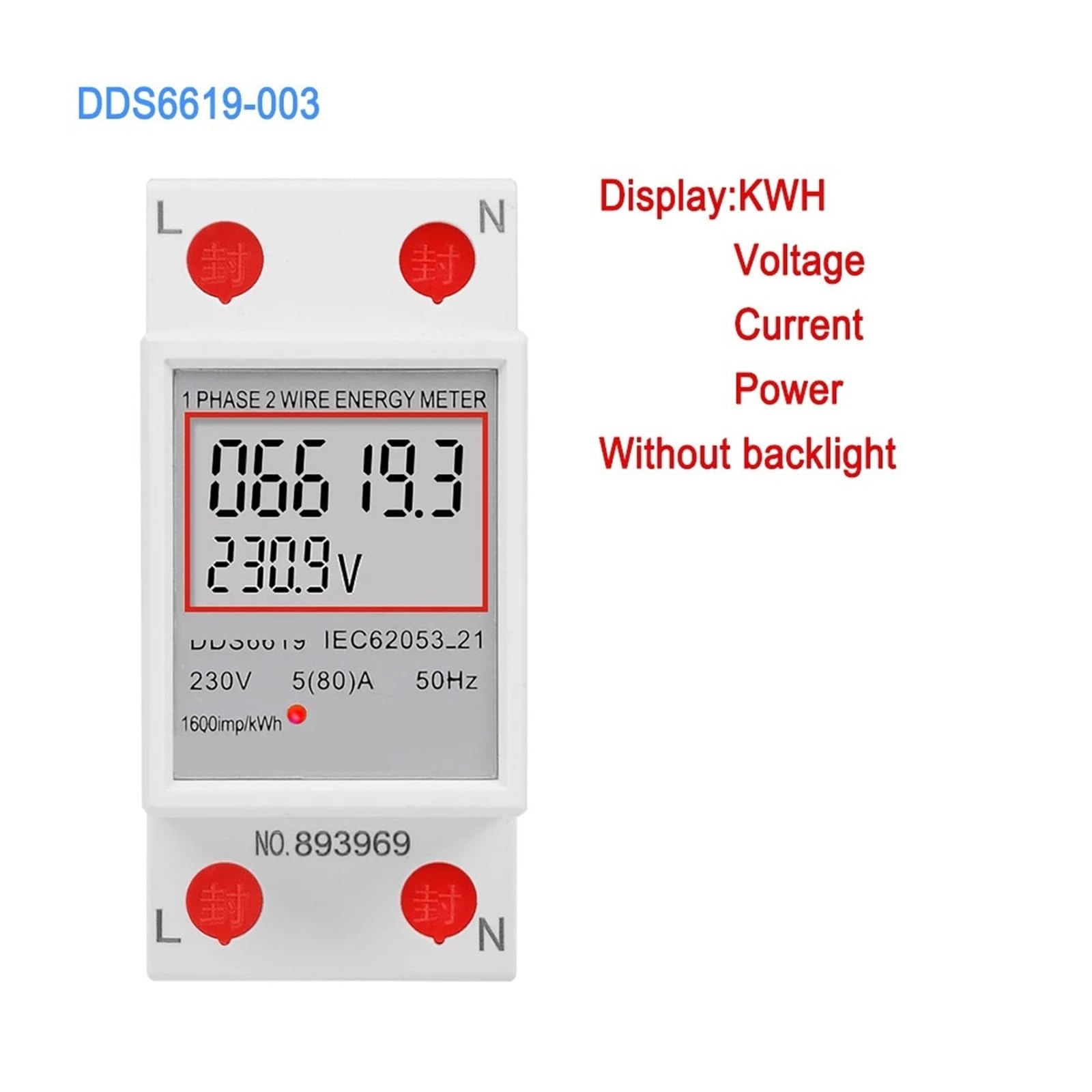 Wattmètre à Affichage numérique LCD, Charge 80A, 1 Phase, 2 Fils, consommation d'énergie, Compteur d'électricité, AC 230V, 50Hz, Usage Domestique(DDS6619-003)