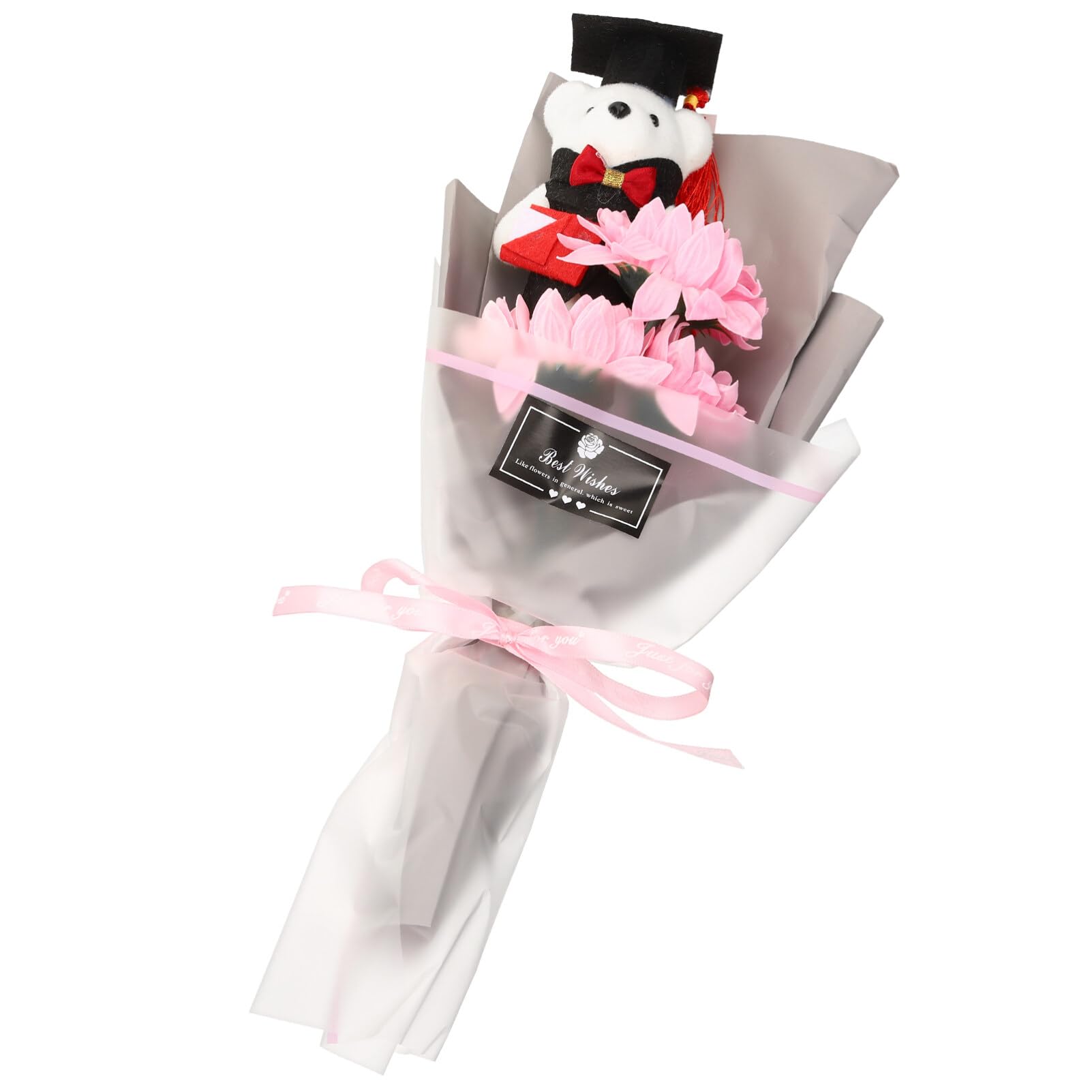 Bouquet Ours En Peluche Diplôme - Composition Florale Artificielle Avec Rose - Cadeau Graduation