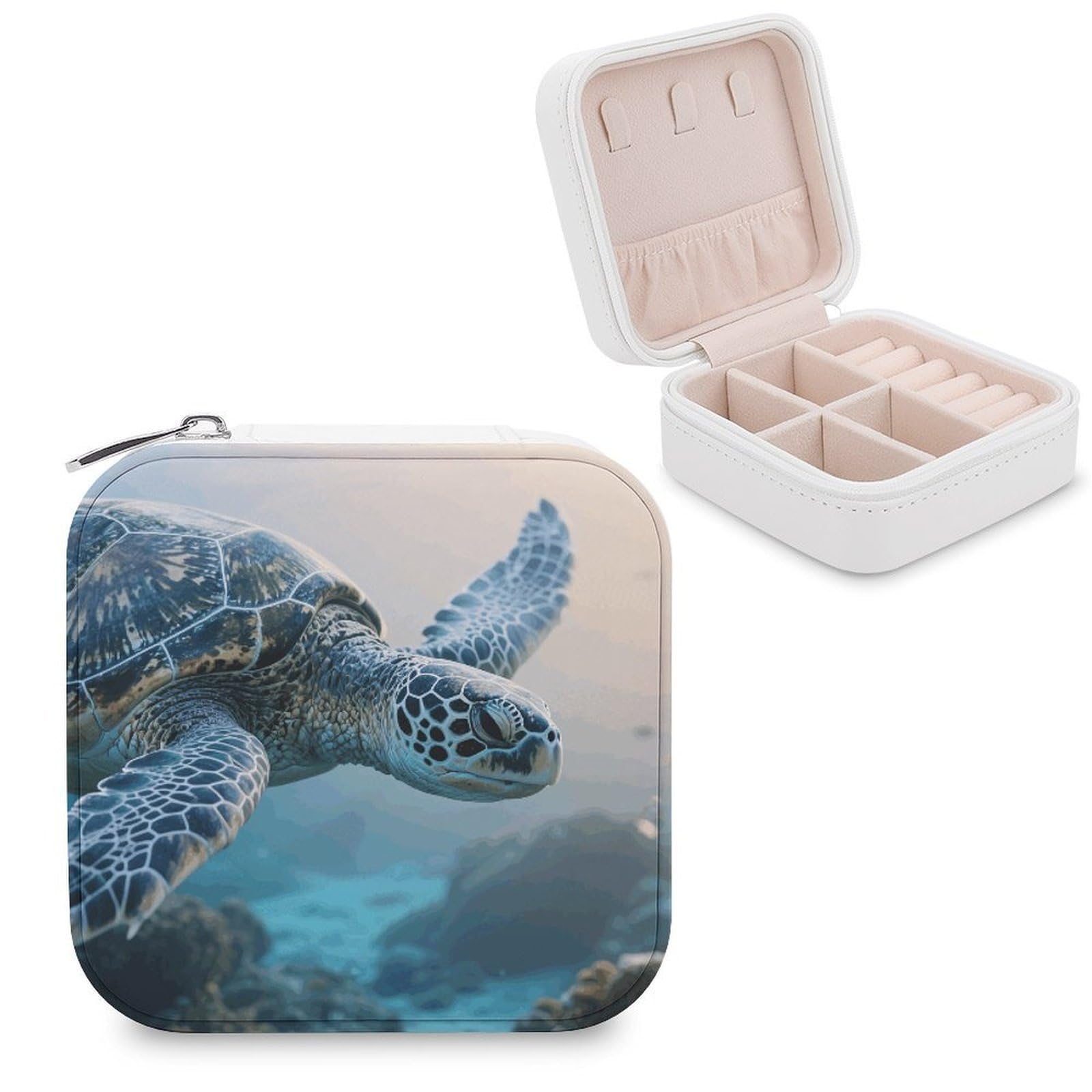 VstaDank Blue Sea Turtle Jewelry Organizer Travel Case for Women With Zipper Mini Jewelry Case PU Leather Jewelrys Box for Rings Necklaces Bracelets Earring Holder Organizer Storage