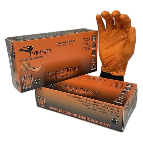 ORANGE MAMBA SNAKESKIN | Industrial Strength Disposible Nitrile Gloves | Diamond Textured Grip | Latex and Powder Free | 8 mil Thickness | (XL)