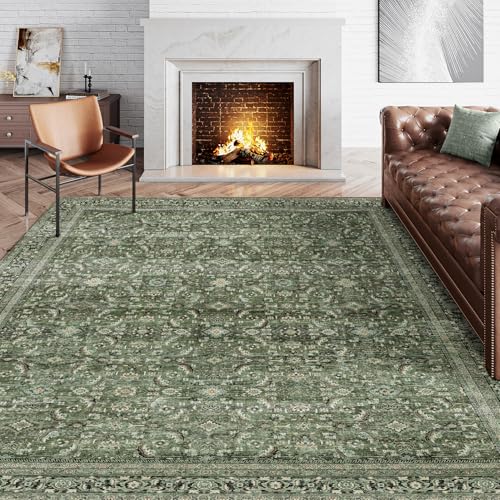 9x12 Washable Area Rug Dark Green Vintage Distressed Living Room Bedroom Large Throw Rug Non Slip Low Pile Soft Accent Indoor Floor Carpet for Dining Room Office Entryway Kitchen