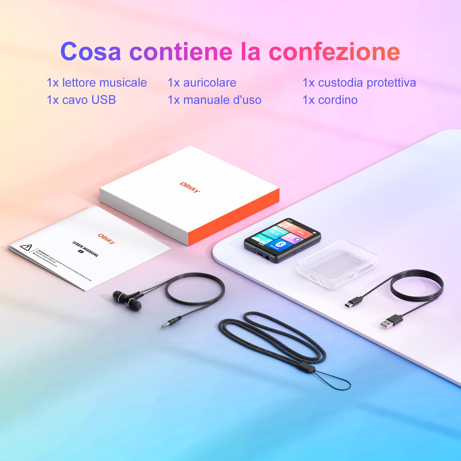 128GB Lettore MP3 Bluetooth 5.4, Oilsky 2,4'' Schermo Touch Mp3, Lettore Musicale MP3 Portatile con Altoparlanti, Radio FM, Ebook (Nero)