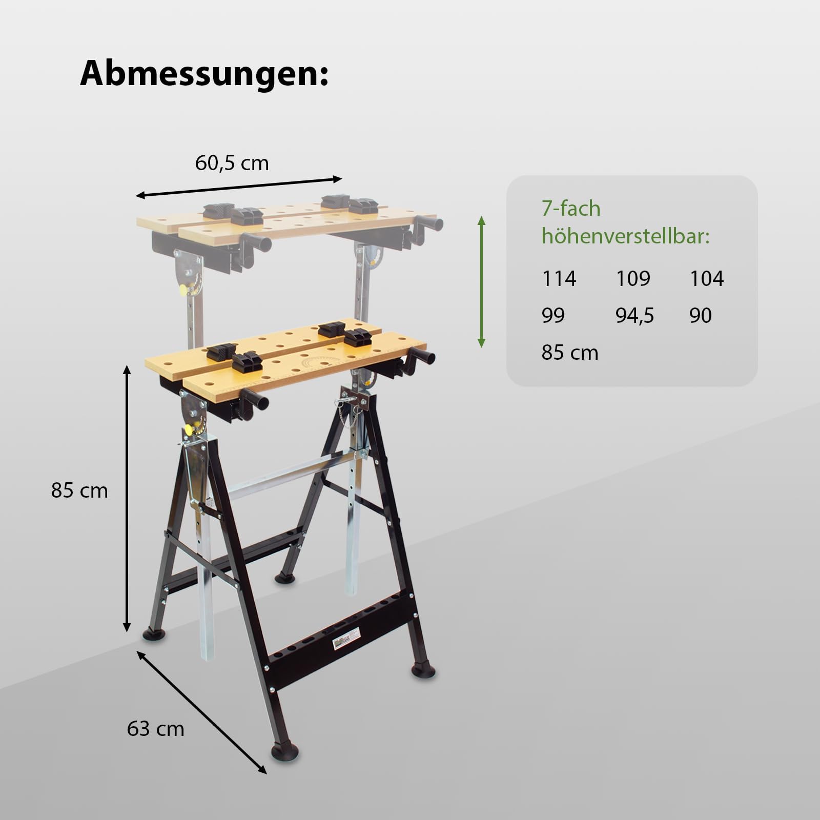 TRUTZHOLM Werkbank klappbar 7-Fach höhenverstellbar Werktisch Spanntisch mit Backen Arbeitstisch bis 100kg große Arbeitsfläche, zum Schleifen, Einspannen von Werkstücken, Sägen, Höhe bis 114 cm