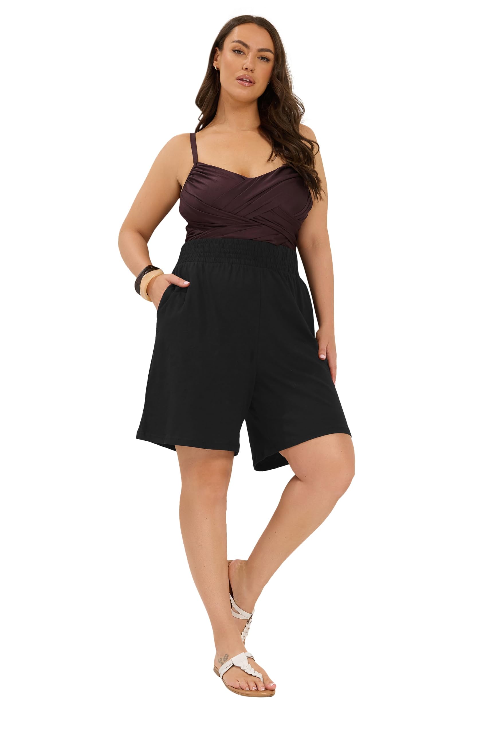 Yours Women's Black Croc Curve Black Shirred Shorts - Plus Size Curve