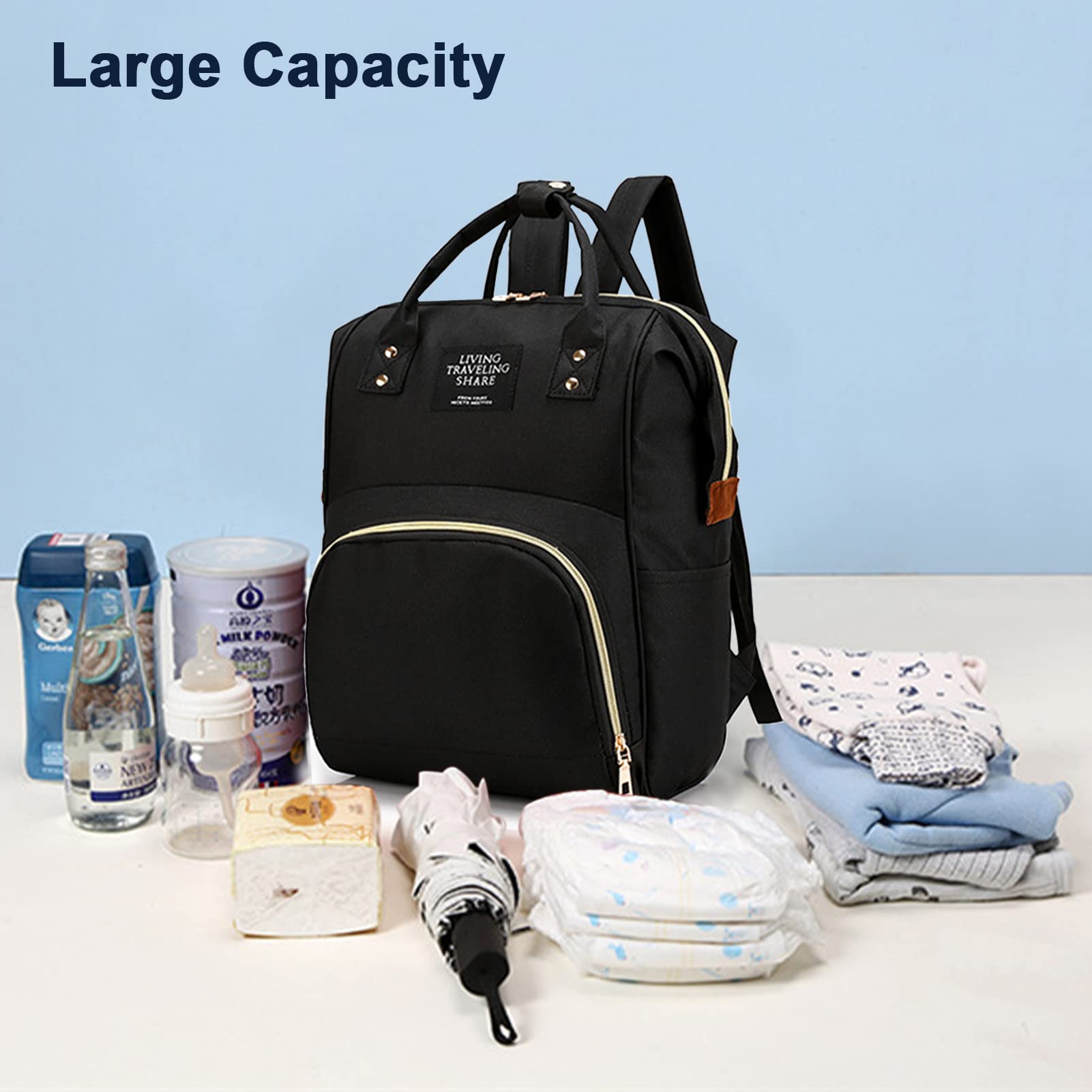 Bolsa de pañales con bolsas organizadoras, bolsa de pañales multifunción para el cuidado del bebé, mochila de viaje de gran capacidad, Negro -, L, Mochilas de viaje