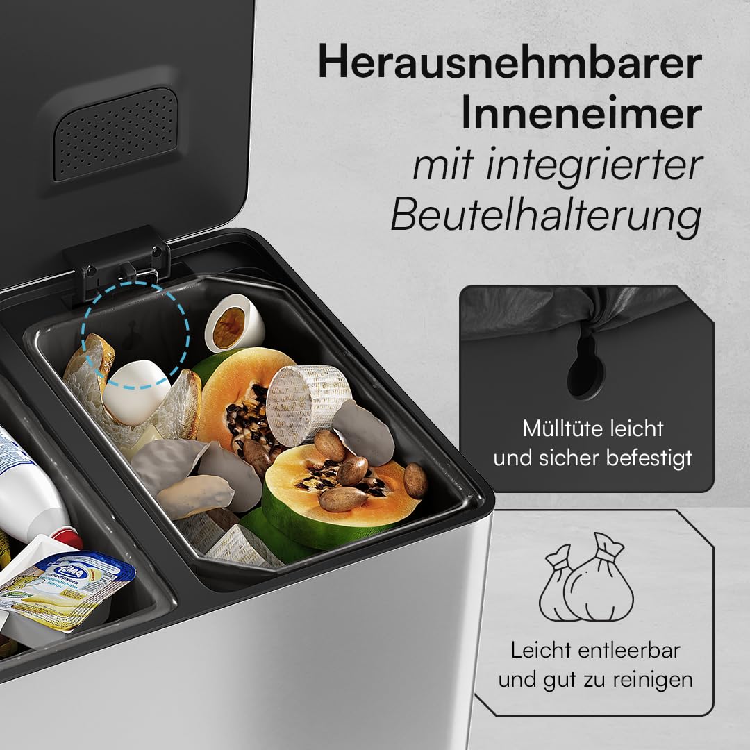 STEELSØN Gloas Mülleimer 2 Fächer – Mülltrennsystem Küche 2x15 L aus Edelstahl Silber – Tretmülleimer mit Soft-Close-Funktion & Geruchsfilter – Abfalleimer mit Inneneimer für Recycling & Restmüll