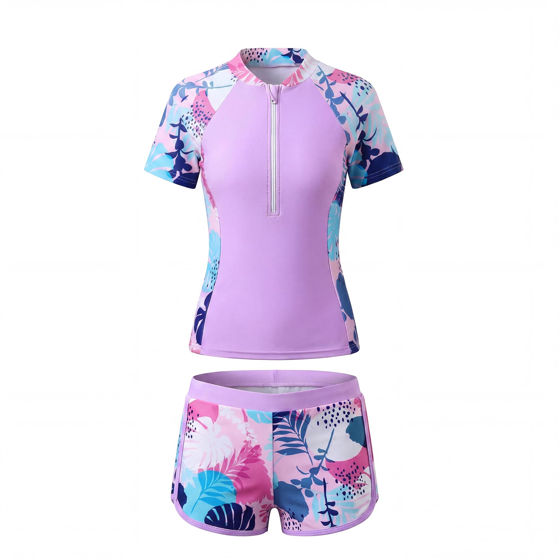 Maillot de Bain 2 Pièces pour Fille, Anti UV Protection Solaire Maillots à Manches Courtes avec Fermeture éclair et Shorty, Séchage Rapide Rashguard Ensemble de Plage pour Enfants 5-14 Ans