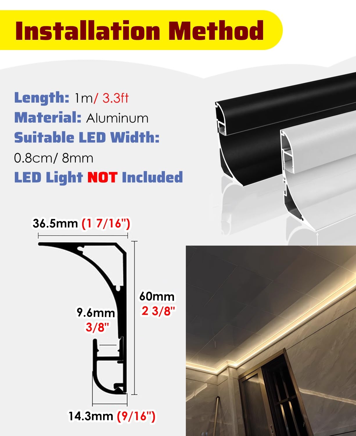 Led Profile Zestaw 12 Ledowych Kanałów Oświetleniowych Pośrednich, Biały Sufit z Płyt Gipsowo-kartonowych/Listwy Przypodłogowe, Oświetlenie Gabinetowe Wnękowe(3.65x6cm(1 7/16"x2 3/8"))