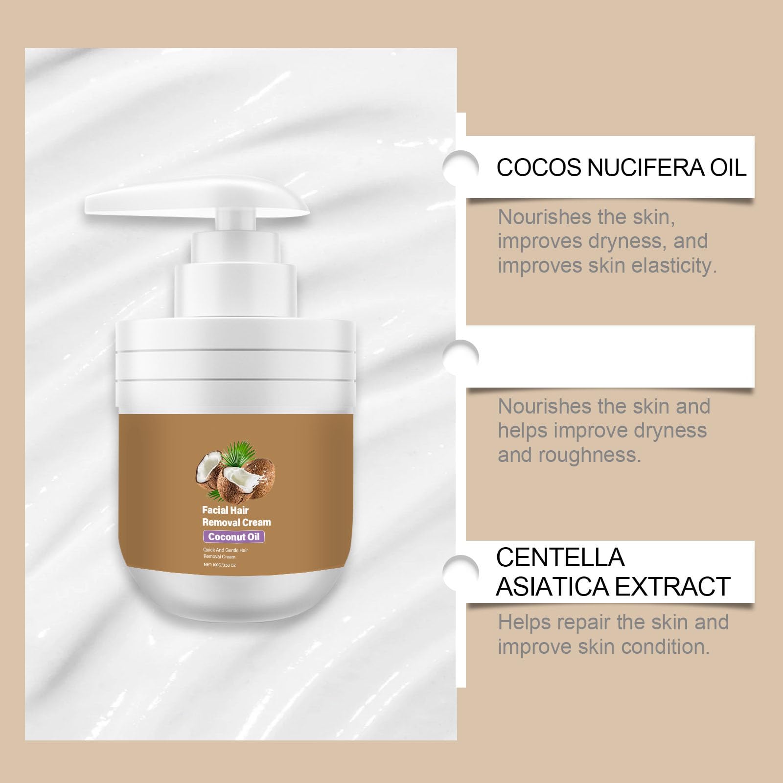 Crema per la rimozione dei peli del viso, olio di cocco, crema depilazione per pelli sensibili, creme per la rimozione del labbro superiore e del mento, depilazione viso lenitiva (4)