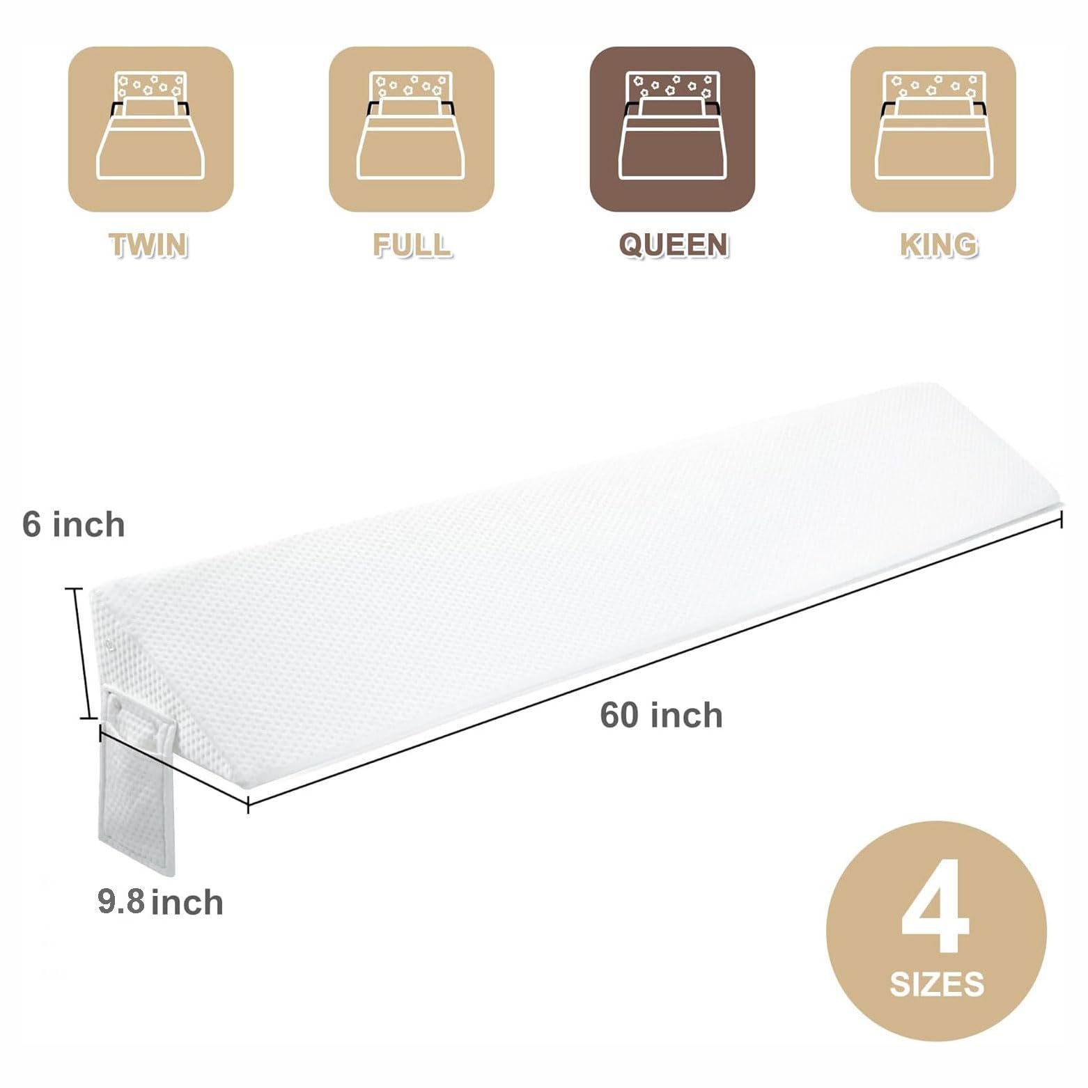 Materasso a cuneo per letto queen size Riempimento dello spazio per il cuscino con zeppa,con tasca laterale,cuscino della testiera per riempire lo spazio tra la testiera e il materasso (152*25*15 cm)