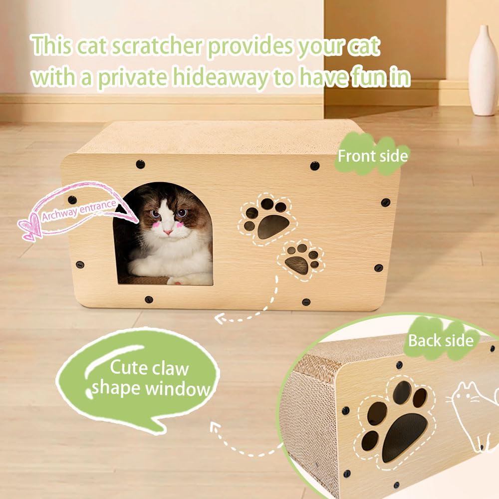 review Cardboard Cat House with Scratch Pad, Cat Scratcher for Indoor Cats, Cat Bed, Cat Scratching Toy Detachable