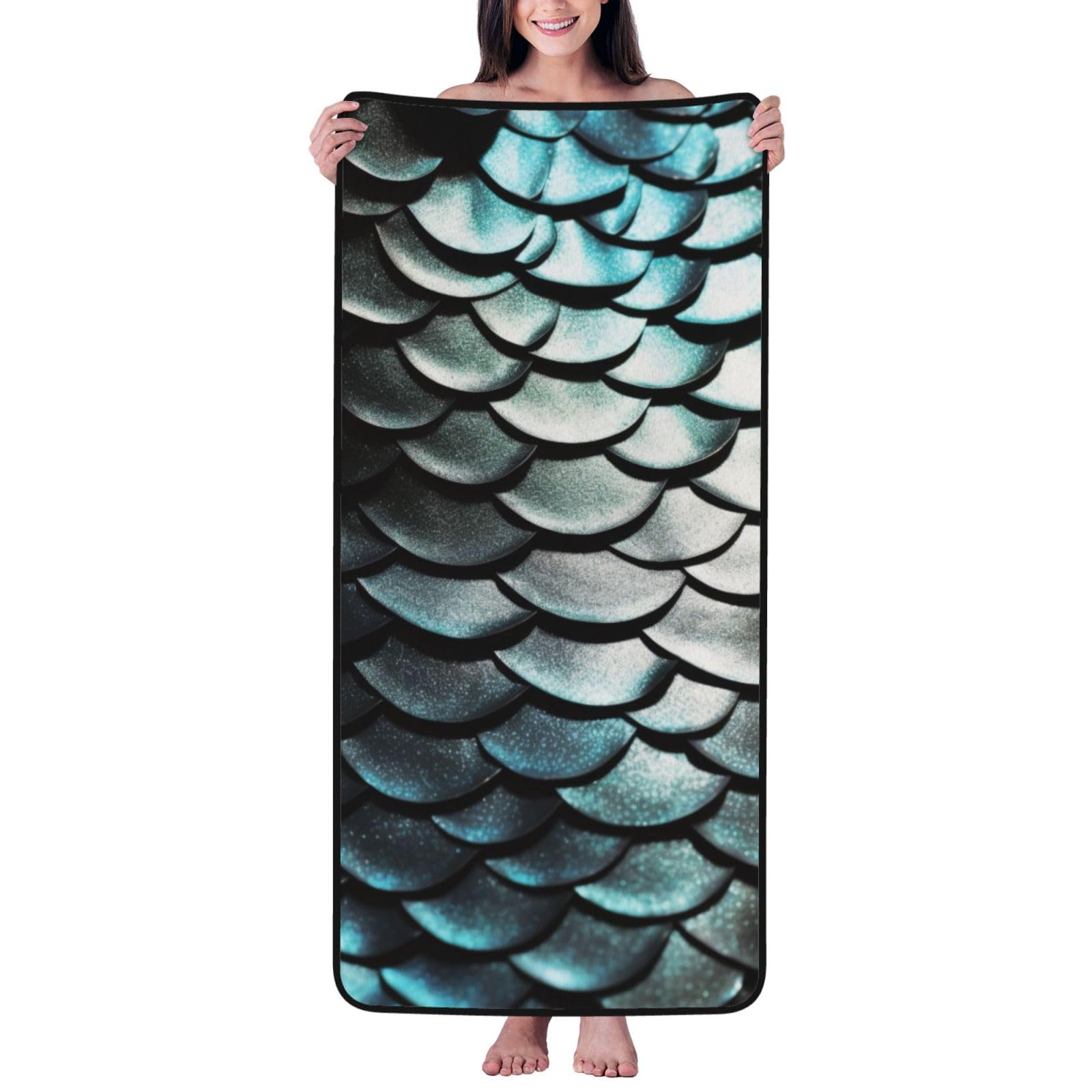WPKJU Silver Fish Scale Printed Bath Towel with Black Edging - 27x55 in Soft Extra Absorbent Coral Velvet Shower Towels for Bathroom