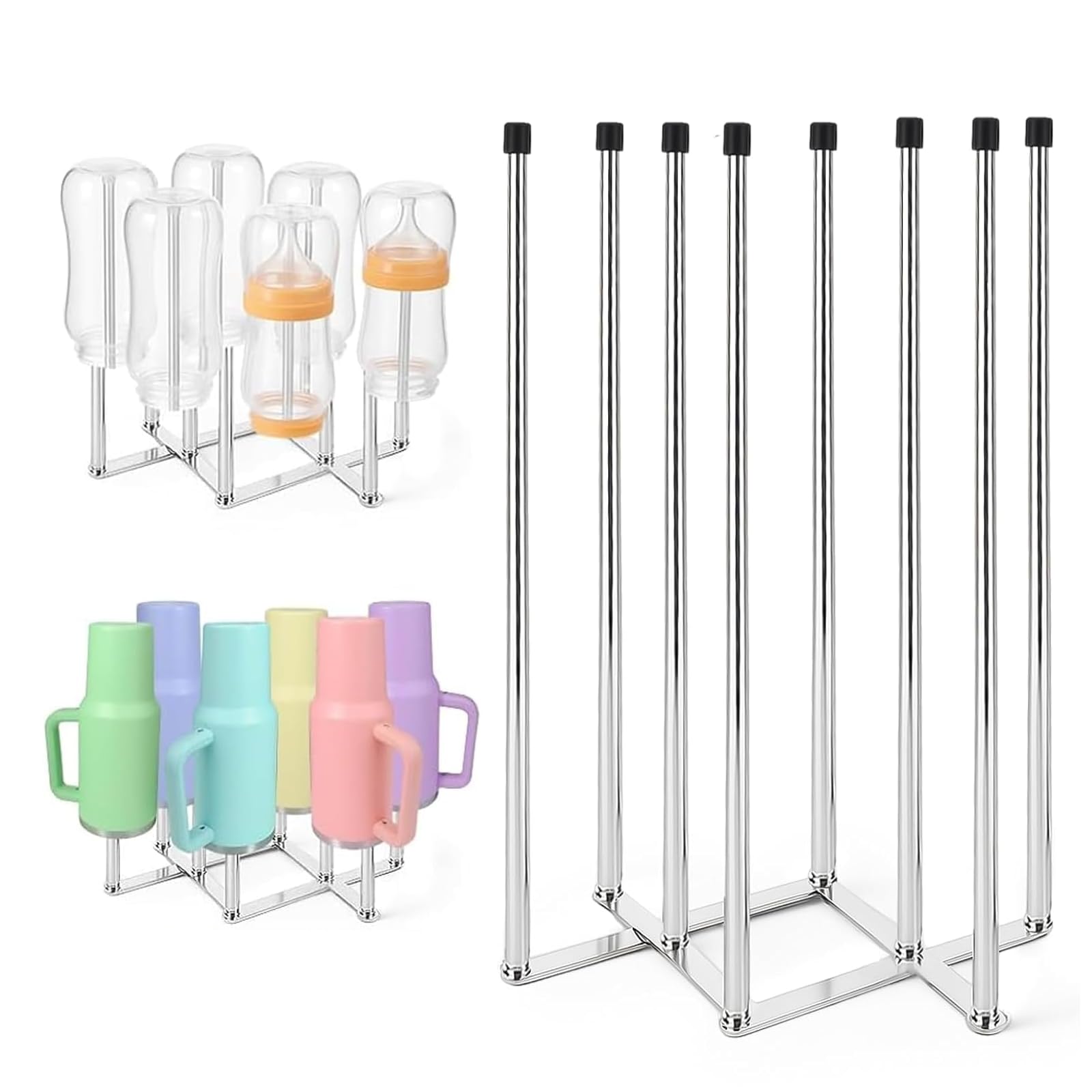 Scola Scolabottiglie e Borracce, Supporto per Asciugatura in Acciaio Inossidabile 304 con 8 Aste e Cappucci in Silicone, Base Pieghevole, Porta Bottiglie e Porta Biberon Multiuso