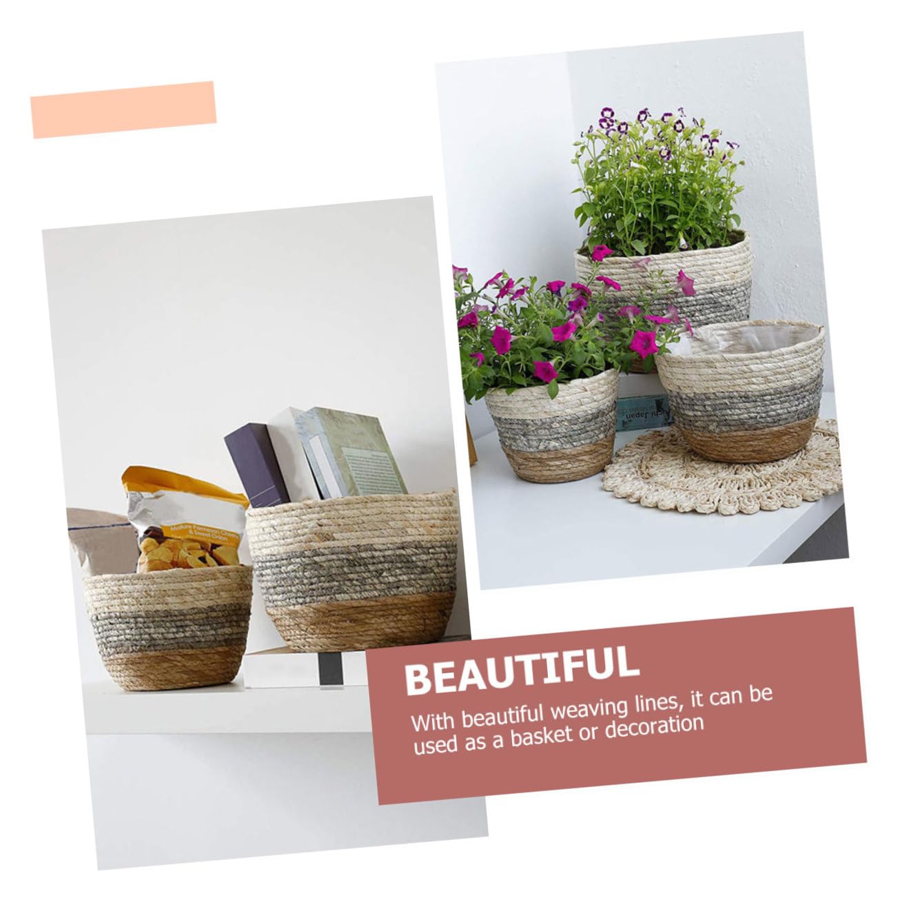 GANAZONO 2 Sztuki Woven Straw Flower Baskets Decorative Plant Containers for Desktop Indoor Rustic Farmhouse Style