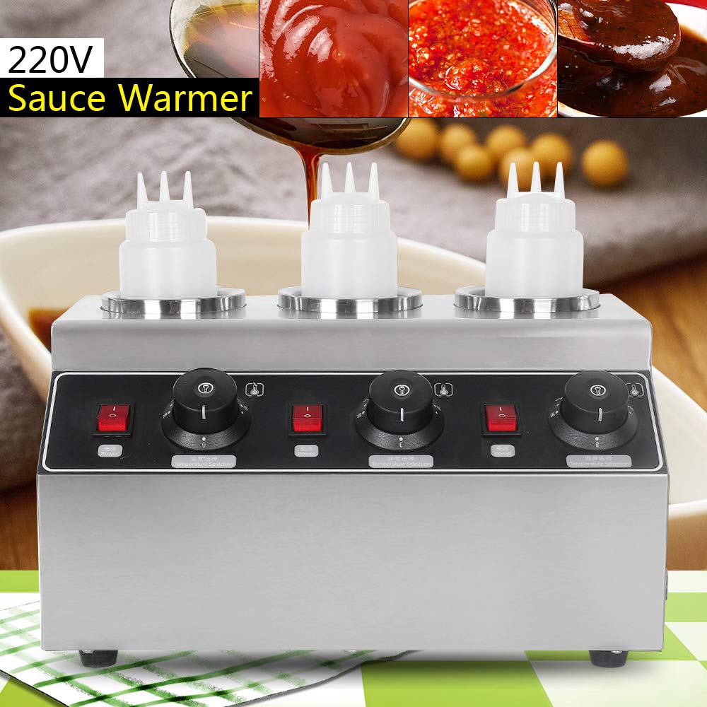 Elektryczny podgrzewacz do sosów, bufetu, pojemnik grzewczy do potraw ze stali nierdzewnej, ogrzewacz do butelek, 220 V, komercyjny podgrzewacz do sosów, 3 butelki 30℃-85℃