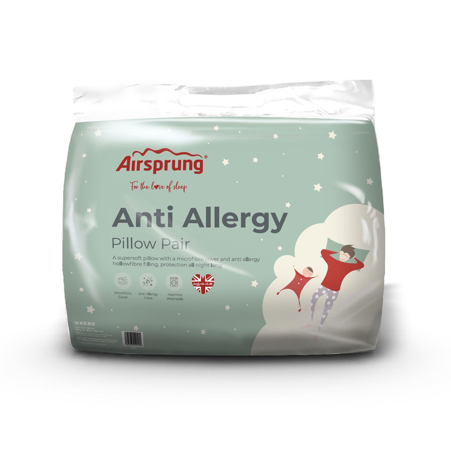 Airsprung Anti-Allergy Pair Pillows Hollowfibre Soft Touch Hotel Quality Machine Washable Made In UK 48cm x 74cm (19" x 29")