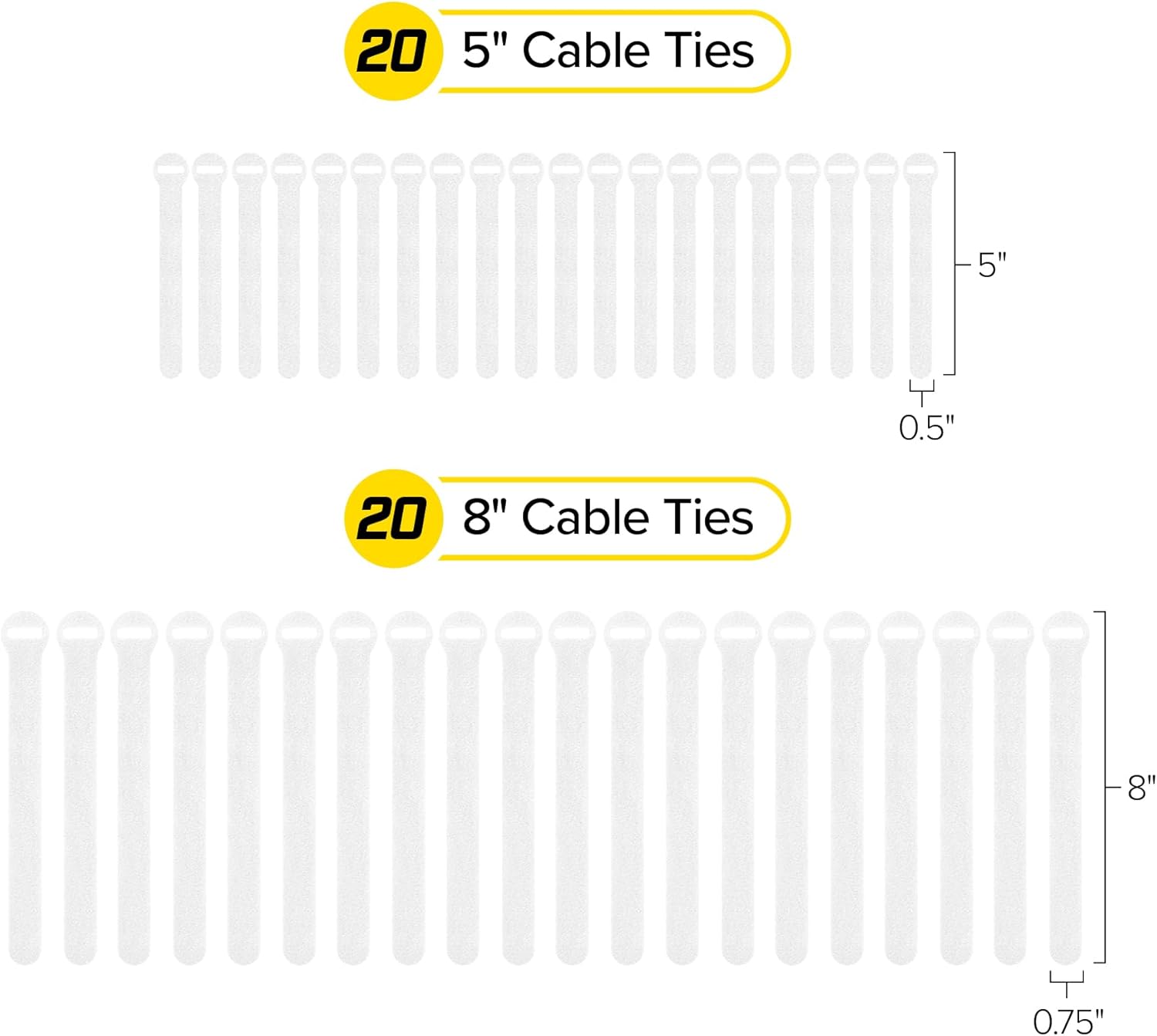 Self-Gripping Cable Ties by Wrap-It Storage, White, 40 Pack (5 Inch and 8 Inch Straps) – Reusable Hook and Loop Cord Organizer Cable Ties for Cord Management and Desk or Office Organization