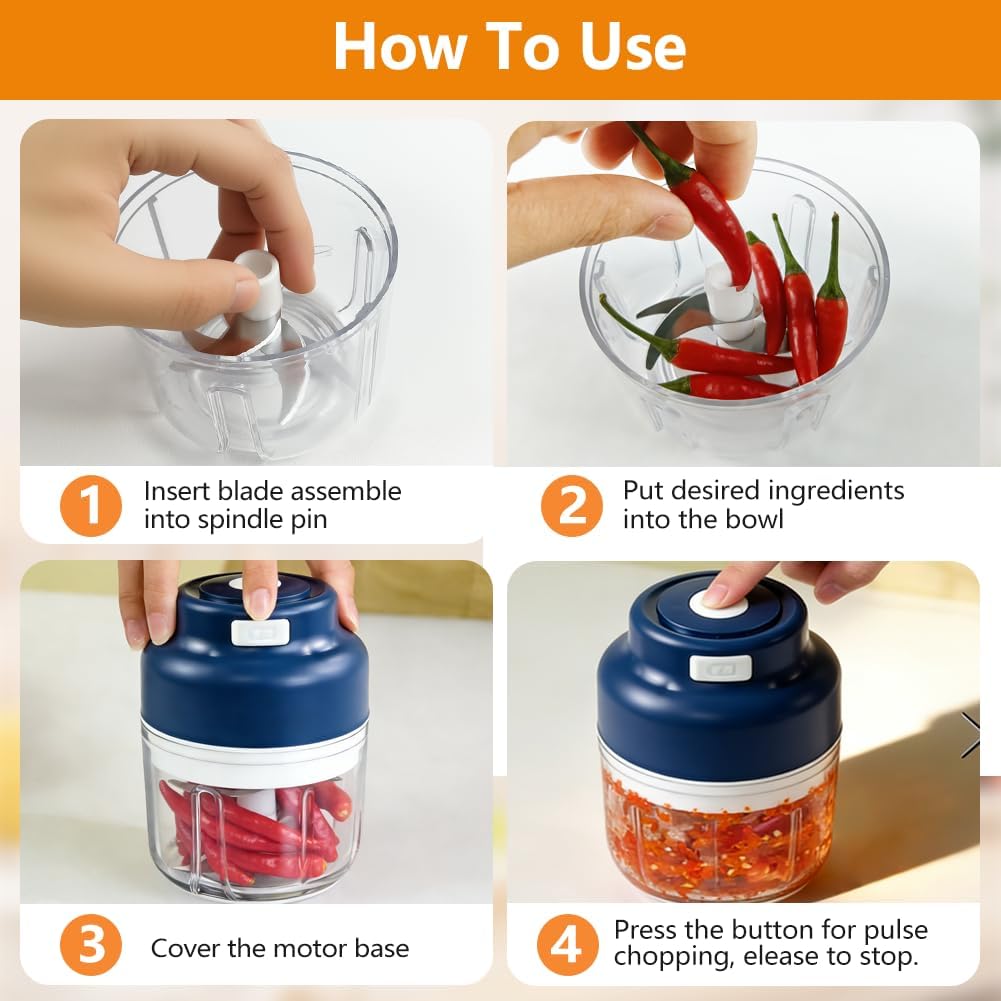 Electric Garlic Chopper, Upgrade 6 Blades, 320ML Wireless Food Processor, Mini Grinder for Kitchen,Mashing Nuts Chili Onion Minced Meat and Spices USB Rechargeable