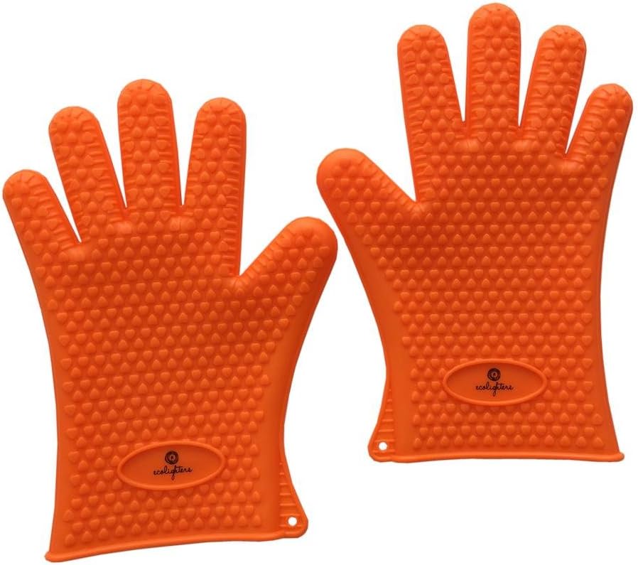 Ecolighters® Original Heat Resistant Silicone Gloves 1 Pair (2 Gloves) - Orange - Kitchen, BBQ, Grill, Oven or Stoves- Perfect for Cooking, Better Then Oven Mitts, Dishwasher Safe - Orange